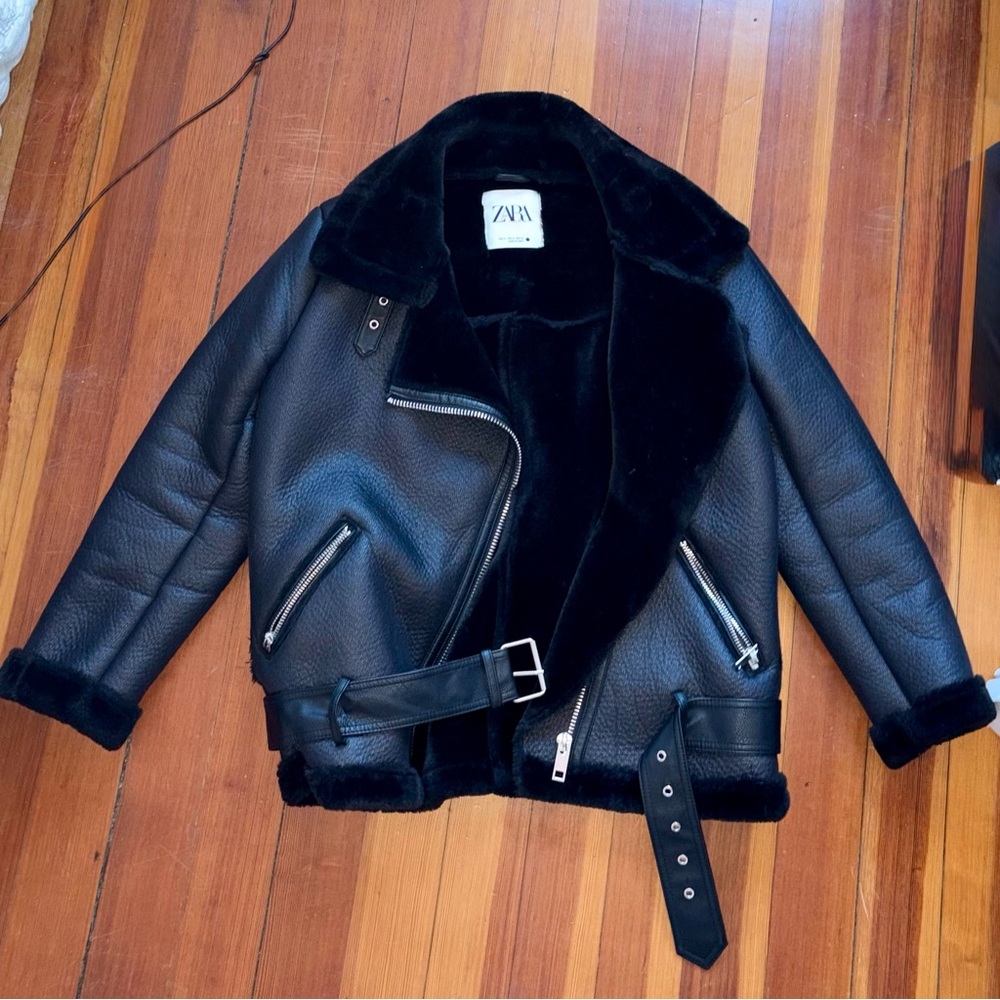 Zara Black Shearling-Lined Leather Jacket